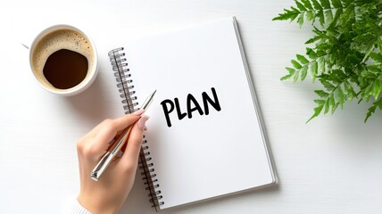 A hand writing "PLAN" in a notebook next to a cup of coffee and a green plant, symbolizing organization and productivity.