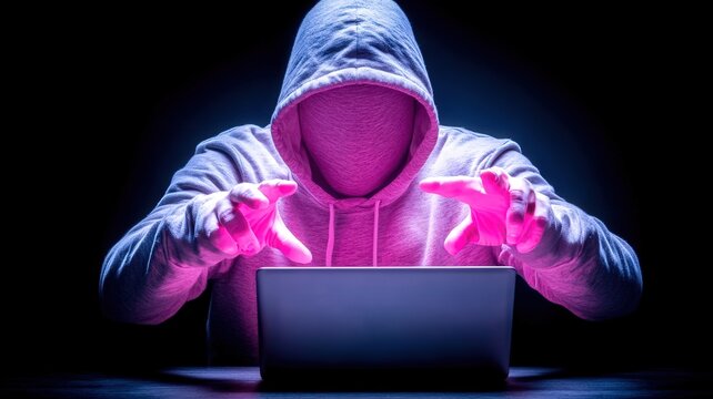 A shadowy figure in a hoodie manipulates a laptop, illuminated by a vibrant glow, suggesting themes of hacking and cybersecurity.
