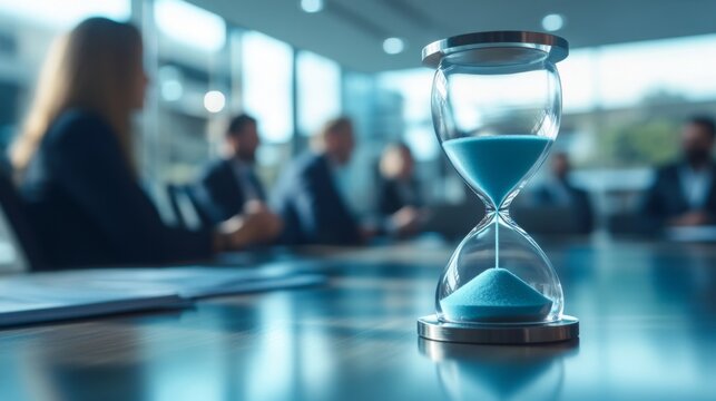 A close-up of an hourglass on a meeting table, with blurred figures in the background, symbolizing the passage of time during discussions.
