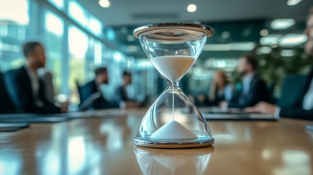 A close-up of an hourglass on a conference table, with blurred figures in the background, symbolizing time management in a business setting.