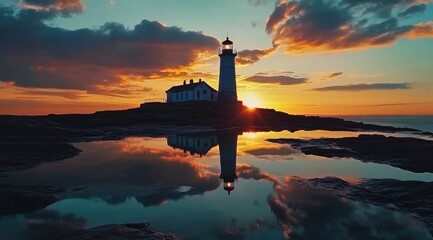 Fototapeta premium Stunning sunset at Northern Lighthouse Clip in summer, the lighthouse is reflected in the rock pool water. The sky is a beautiful orange and blue color with dramatic clouds.