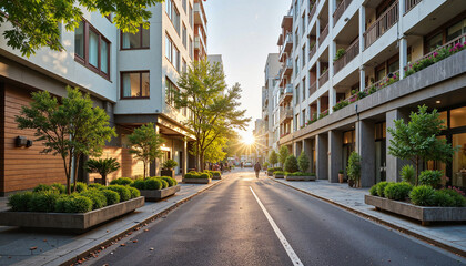 Urban street with sustainable architecture illuminated by afternoon sun, eco-friendly design