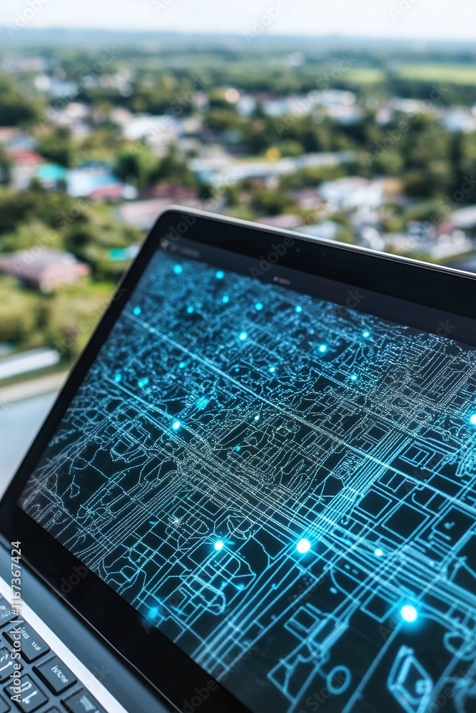 Poster laptop showcasing a cad blueprint of smart meters connected to a regional power grid.