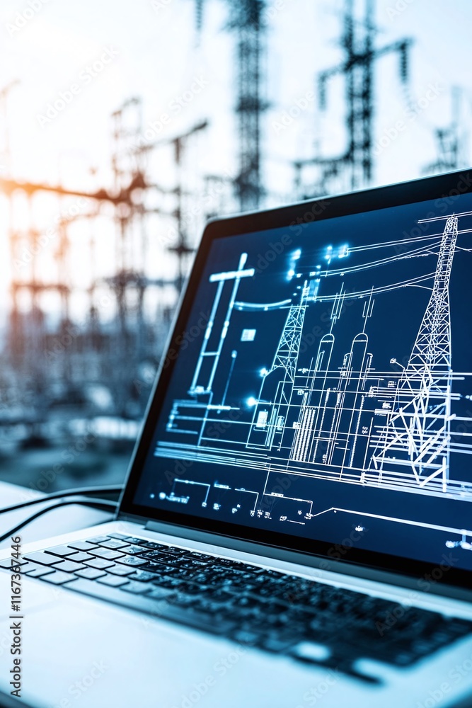 Poster laptop showing a detailed cad blueprint of a power station and connected distribution network.