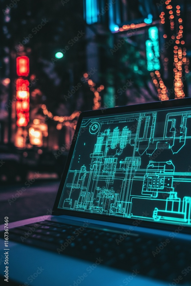 Poster laptop showing a detailed cad blueprint of a power station and connected distribution network.