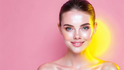 Naklejka premium Smiling Woman with Radiant Skin and Yellow Light on Pink Background