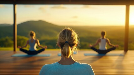 A serene scene of individuals practicing yoga at sunset, surrounded by hills, promoting tranquility and mindfulness.