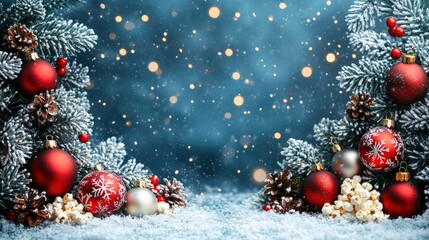 Festive Christmas Background with Red and Silver Ornaments, Snow, and Pine Branches