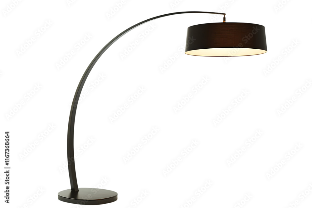 Poster a sleek, modern arc floor lamp with a round shade providing ambient lighting.