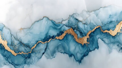 Abstract Blue and Gold Ink Art Landscape