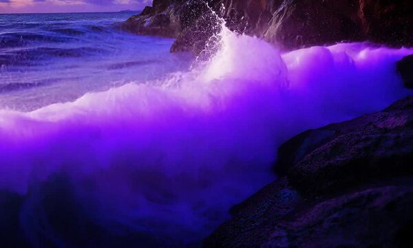 Electric Purple Waves Crashing on Rocky Shoreline at Dusk