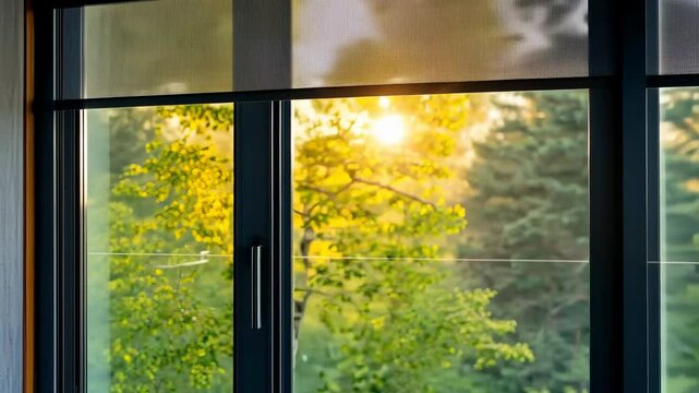 Motorized blinds beige color closeup in the window opening. Automatic home roller shades and curtains. Modern bottom up privacy shades half raised on apartment windows. Windowsill with plants