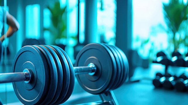 A close-up of a heavy dumbbell in a modern gym, highlighting strength training equipment against a vibrant, blue-toned backdrop.