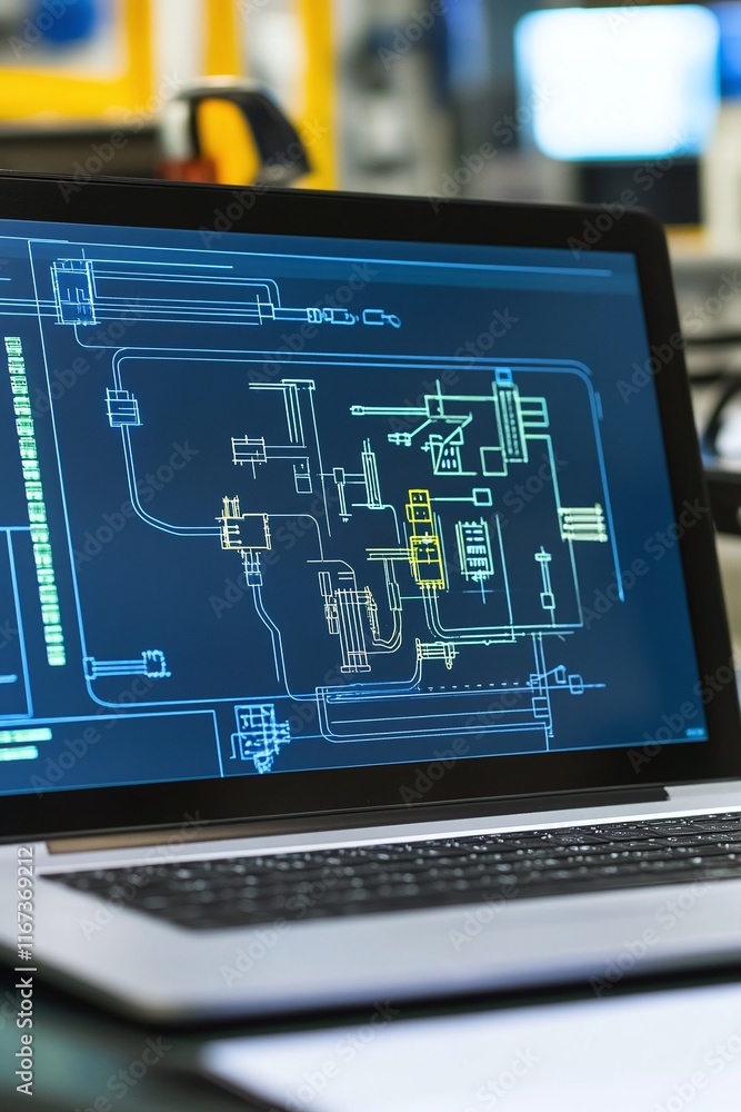 Aufkleber modern laptop displaying a technical cad design of a power grid network highlighting key circuit rou