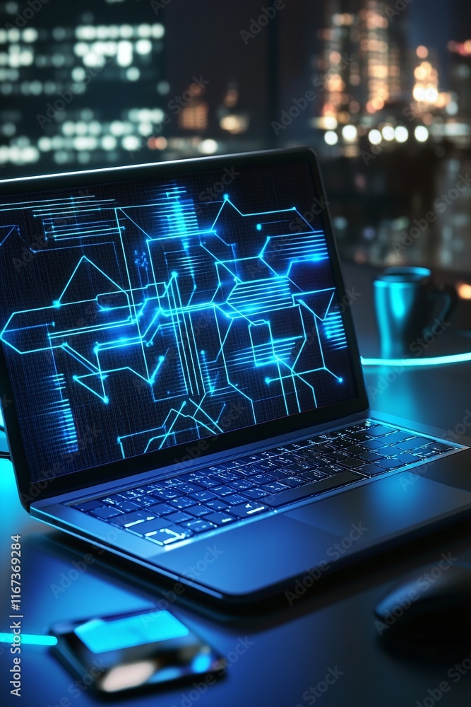 Aufkleber modern laptop displaying a technical cad design of a power grid network highlighting key circuit rou