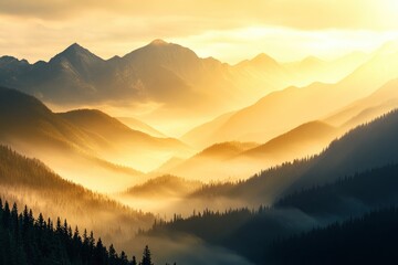 Obraz premium The majestic mountains of the Rockies in Canada, bathed in golden sunlight, with lush forests below and mist rising from their peaks. High-resolution photography