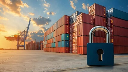 Cargo management logistics security concept. Lock in front of shipping containers at sunset, symbolizing security.