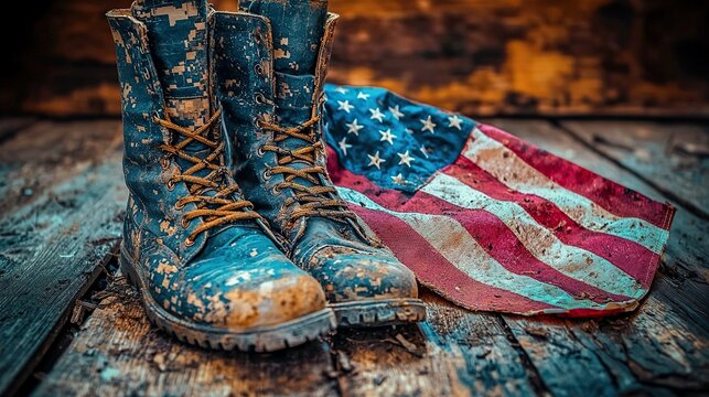 Muddy boots and American flag on rustic wood planks. - Powered by Adobe
