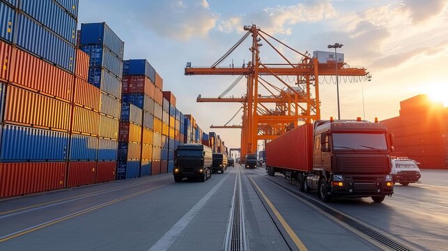 Cargo management logistics security concept. Industrial port with trucks and shipping containers at sunset.