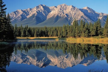 The majestic Rocky Mountain range stands tall and serene, reflecting in the crystal-clear waters of Lake Louise at sunrise. The surrounding pine trees add to its picturesque beauty
