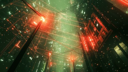 Network wires glow over city buildings. Tech conceptual image.