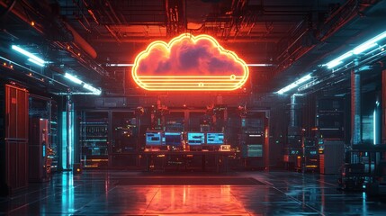 Neon cloud above servers in dark data center.