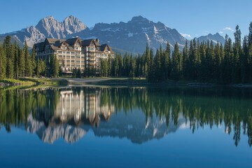 Fototapeta premium The majestic Rocky Mountain range stands tall and serene, reflecting in the crystal-clear waters of Lake Louise at sunrise. The surrounding pine trees add to its picturesque beauty