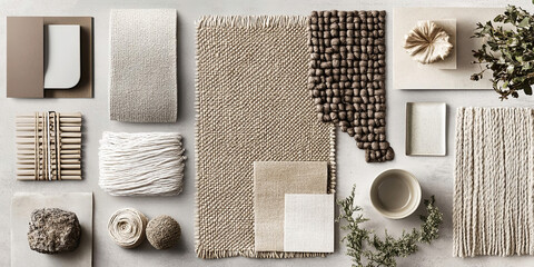 Neutral tones and textures come together in this elegant layout of fabrics and materials
