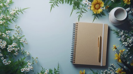 Notebook and pen on desk surrounded by foliage, top down for text overlay.