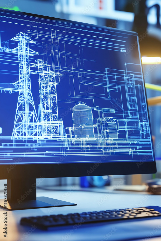 Poster professional desktop setup with a cad blueprint of a power station and transmission grid displayed o