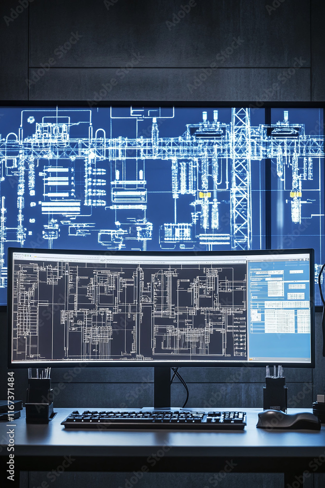 Aufkleber professional desktop setup with a cad blueprint of a power station and transmission grid displayed o