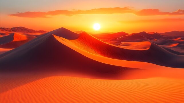 A desert landscape with a sun setting in the background - Powered by Adobe