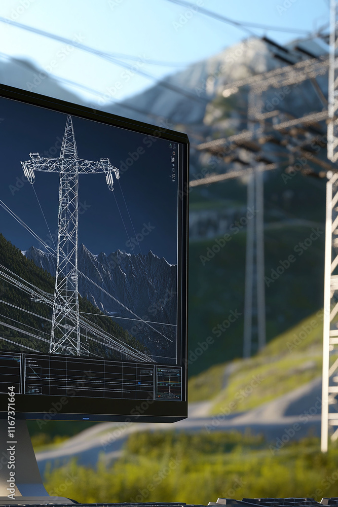Poster professional workstation showing a cad design of high-voltage power lines crossing a mountainous reg