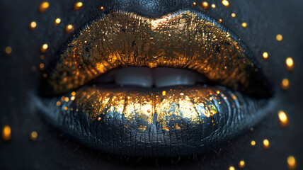 Golden Drips on Black Lips for an Enchanted Look