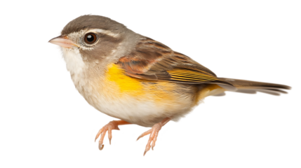 A small bird with a gray-brown head and vibrant yellow underparts.