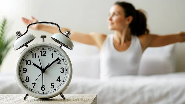 Blurred Woman waking up and stretching her arm, focus on the alarm clock at 10 o'clock in the morning. Closeup vintage retro style alarm clock, young Asian girl wake up sitting on bed. Hello, new day