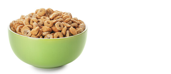 Bowl of tasty cereal rings on white background