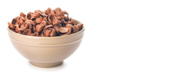 Bowl of tasty chocolate cornflakes on white background with space for text