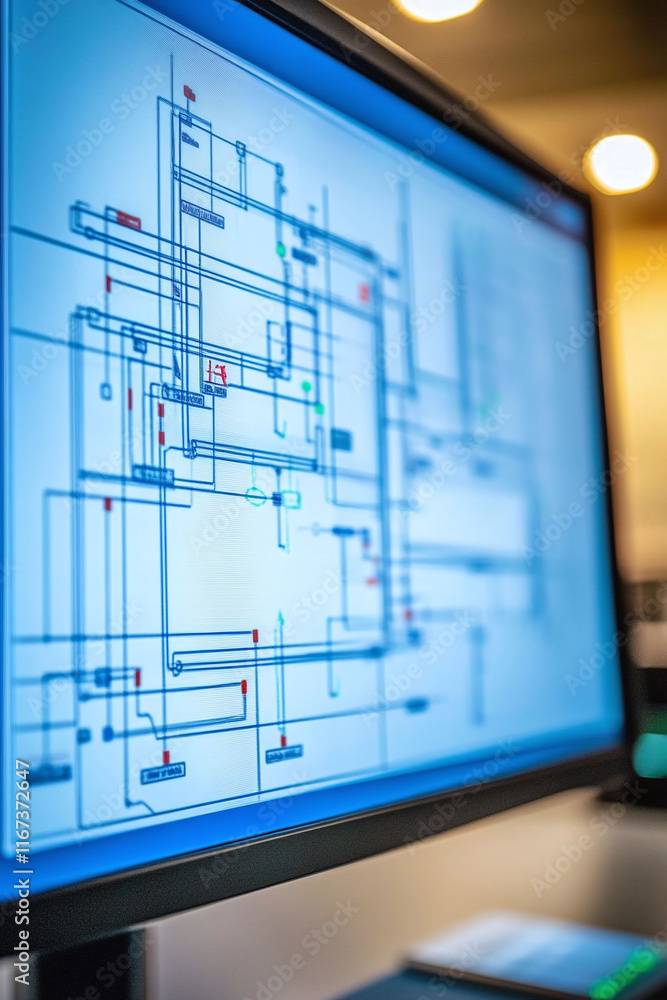 Aufkleber technical cad diagram of a power grid with live status indicators displayed on a desktop monitor.