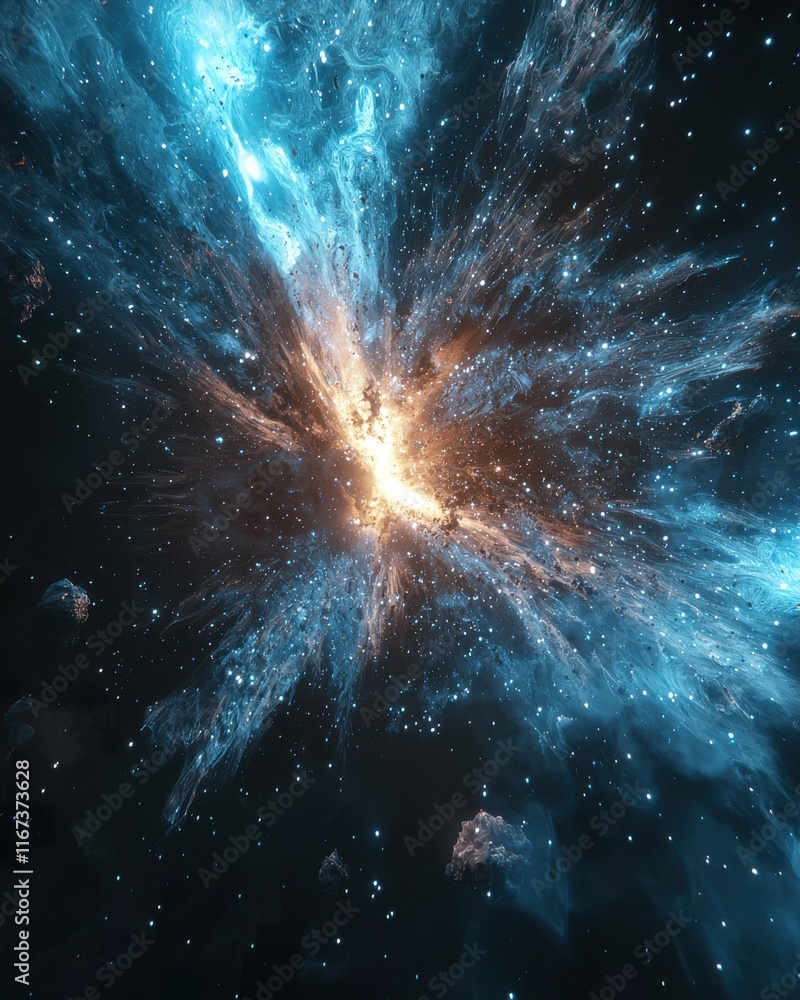 Poster astronomical burst event outer space digital art cosmic environment hyperrealistic perspective celes
