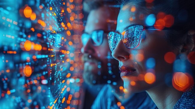 Stock minimalistic photo of a diverse group of IT specialists collaborating in an open office setting, with abstract digital elements overlay, symbolizing innovation and teamwork in tech