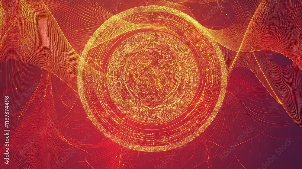 Aufkleber abstract chinese luck symbol with a fusion of flowing lines and geometric patterns in red and gold t