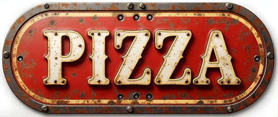 Oval shaped metal sign with bold white pizza text outlined in yellow on a distressed red background, featuring rust and an industrial metallic frame.