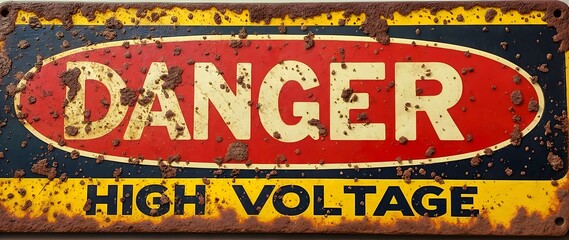 Fototapeta premium A heavily corroded Danger High Voltage sign with bold white text on a red oval background, featuring rust and dirt from prolonged exposure to the elements.