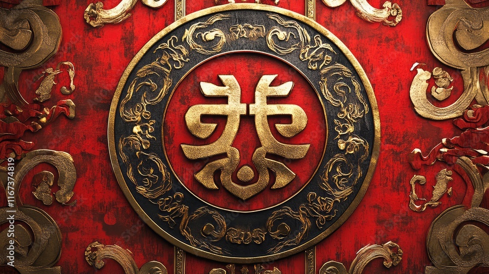 Poster abstract chinese luck symbol with intricate red and gold patterns, evoking a sense of joy and abunda