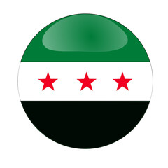Syrian new flag button vector with three red stars and glossy effect. Simple round emblem of syria flag  for political, protest or national themes. useful for app 