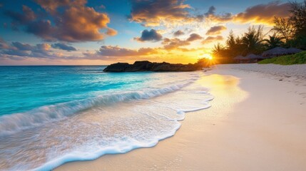 Tranquil Sunset Beach Scene With Gentle Waves Rolling Ashore