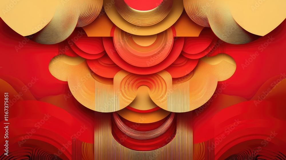 Aufkleber abstract chinese luck symbol with layered shapes and a dynamic red and gold color palette representi