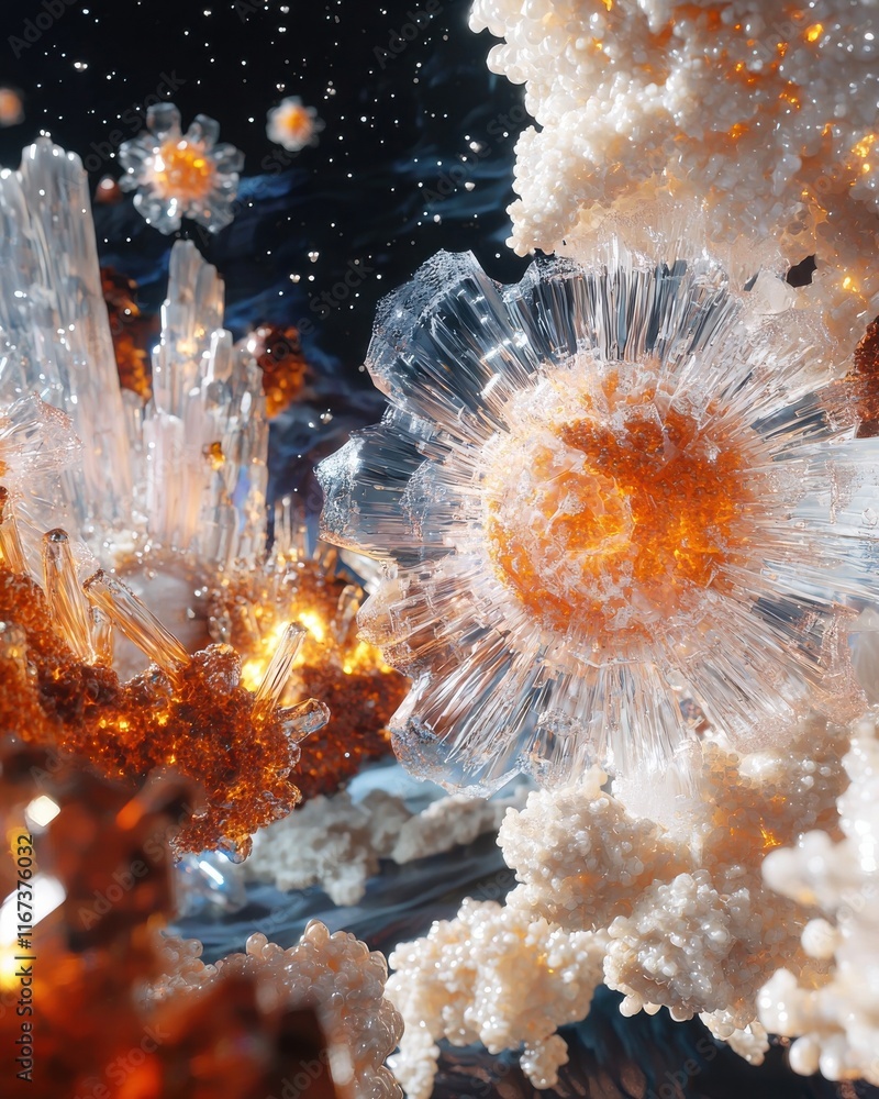 Poster astronomical display of celestial crystals outer space hyperrealistic art cosmic environment close-u