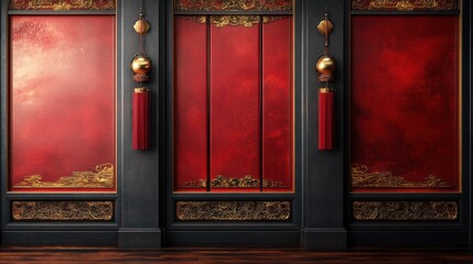 Red Asian panels, gold accents, dark wood floor, cloudy background, product display
